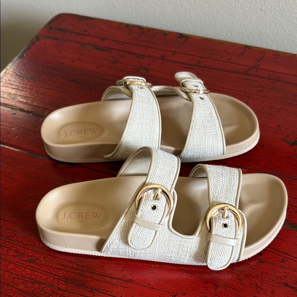 J. Crew Beige Raffia Double Buckle Slides
